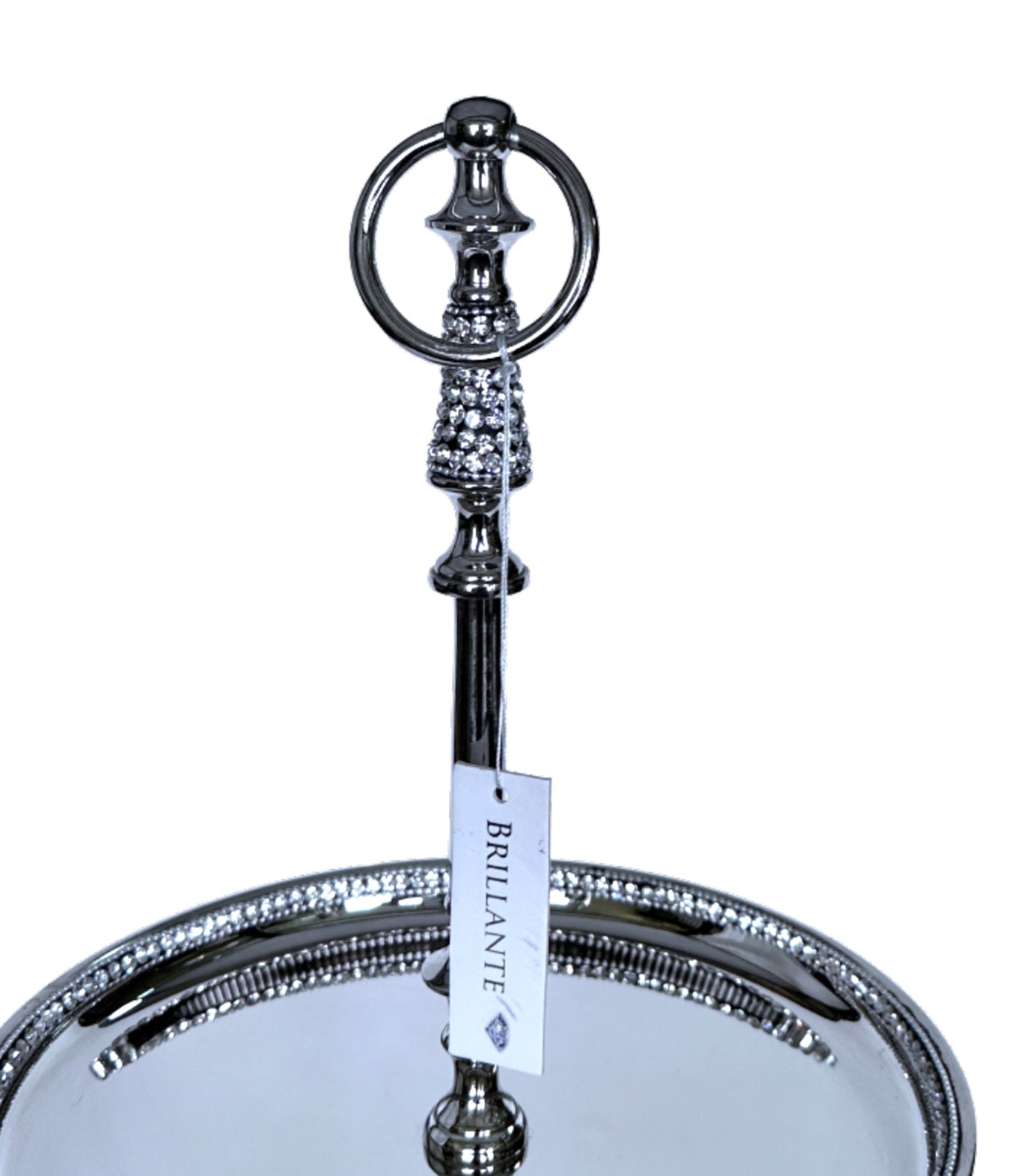 Decorative metal stand with a round base and circular top on a white background