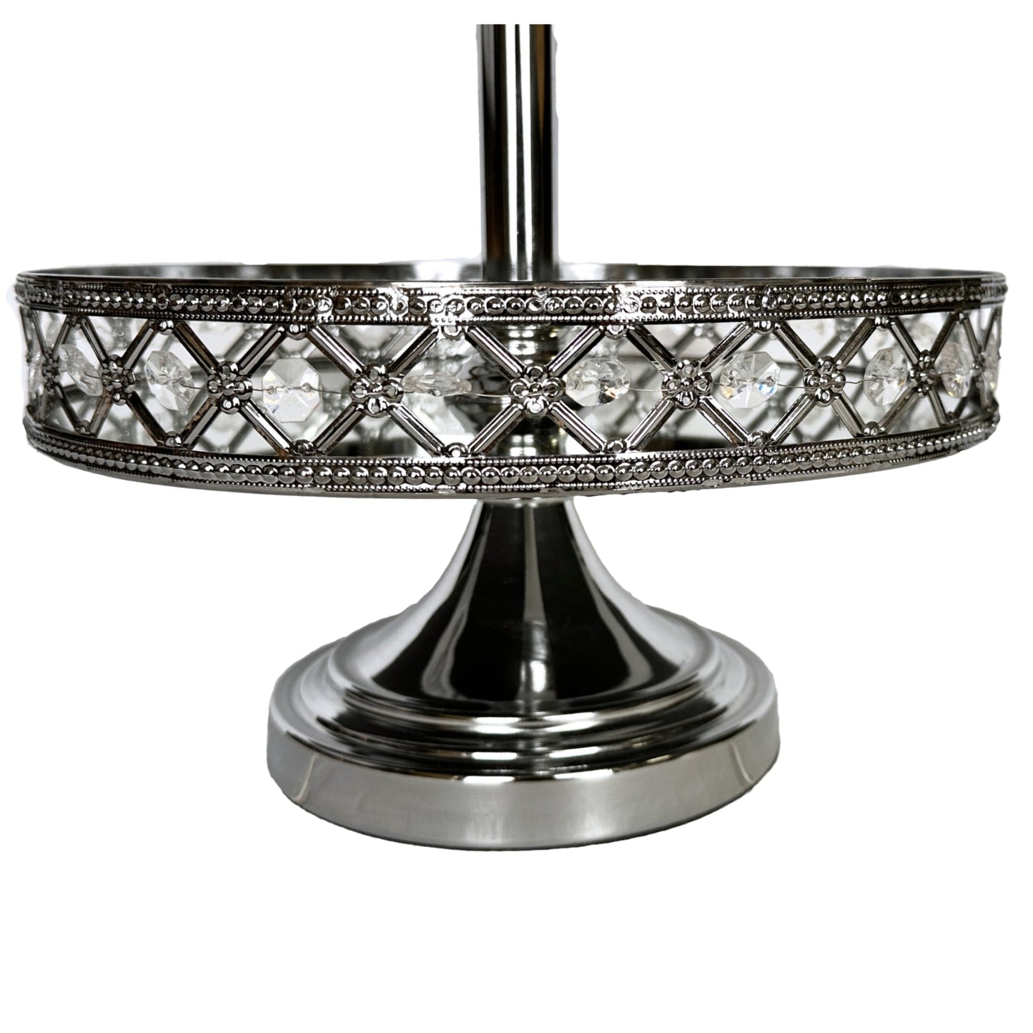 2-tiered Dessert Stand Silver Mirrored Inside Rim w/Crystals - Opulent Treasures