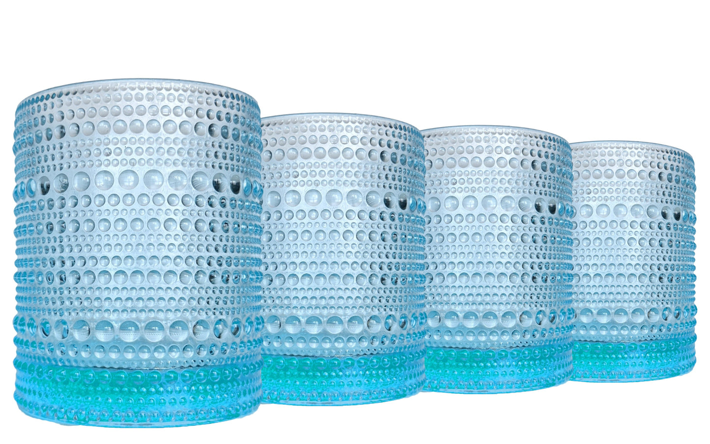 Set of four blue hobnail stemless wine glass on a white background