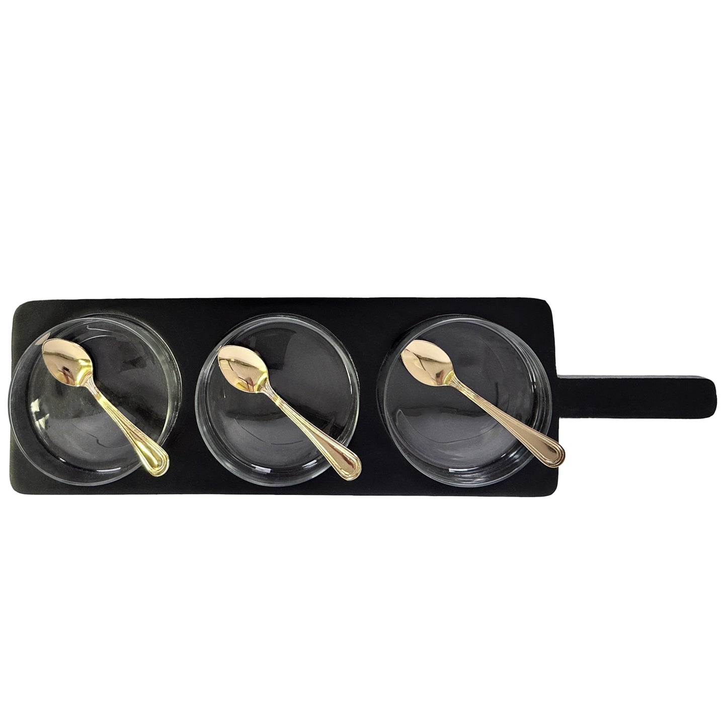 Black serving tray with three glass bowls and gold spoons on a white background