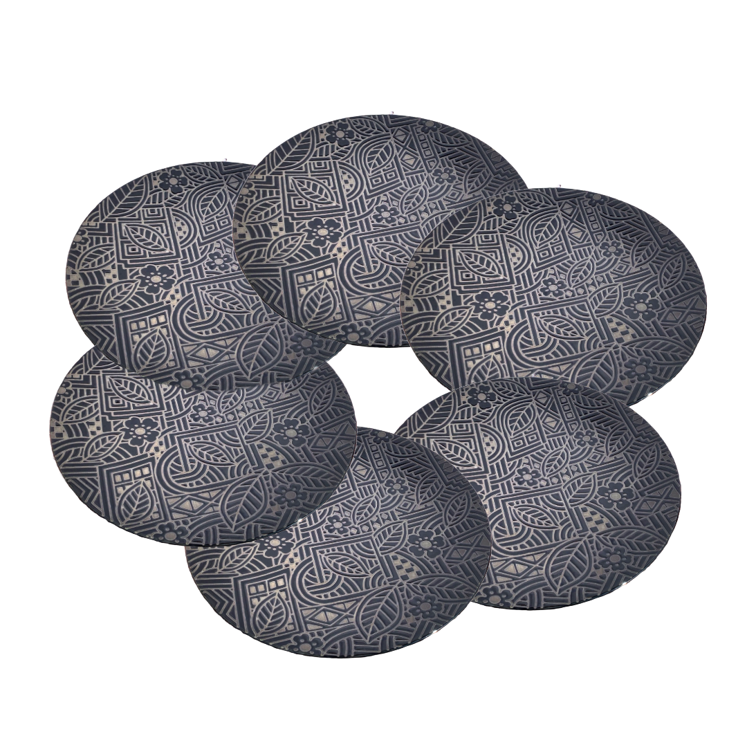 Black Dinner Plate w/Raised Abstract Flowers & Leaves 11" by HSI Appetite Set of 6