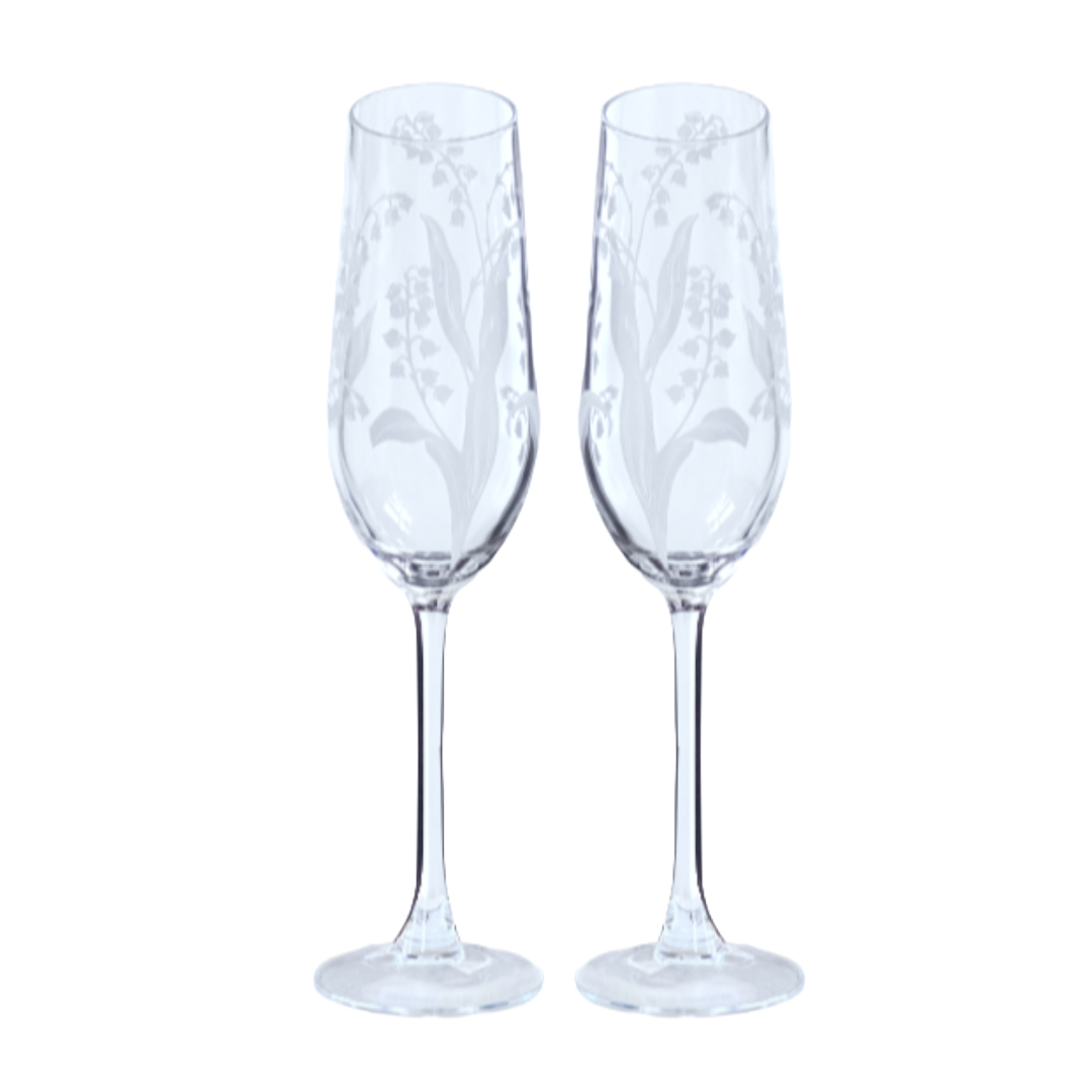 Lily of the Valley Champagne Glass Etched White Lilies Elongated Stem Set/2