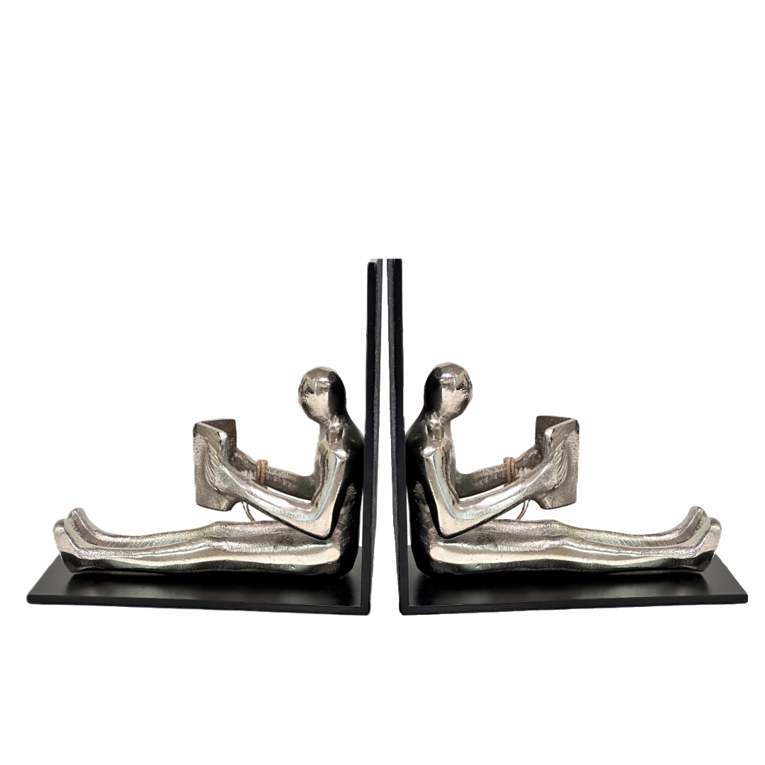 Bookend Silver & Black Metal Man Reading Book w/Felted Bottom & Black Base Set/2