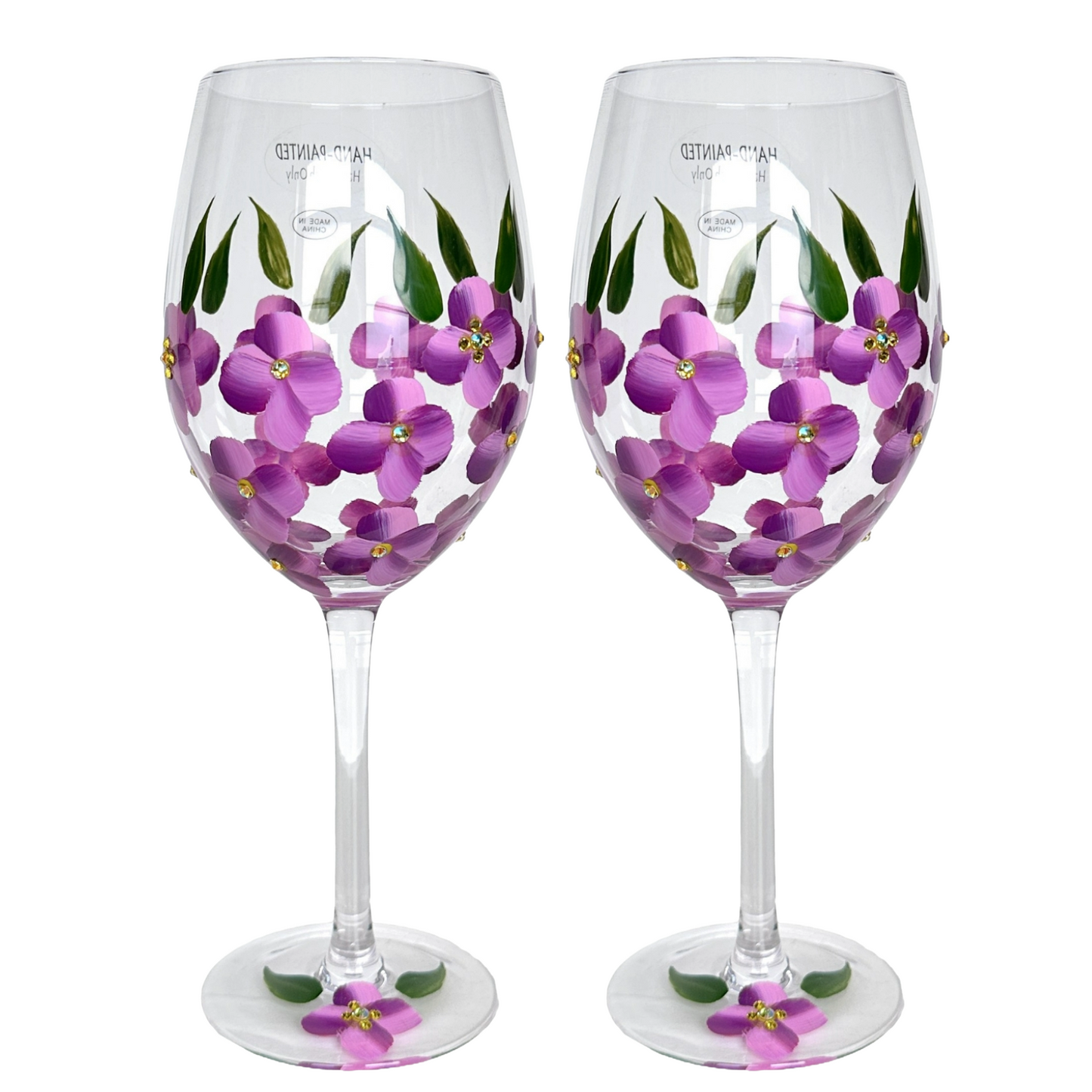 Wine Glass Hand Painted Purple Pansies Yellow Crystal Center Decorative Glass x2
