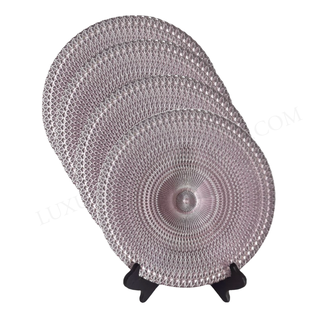Lavender Purple Lace Pattern Glass Dinner Plates Unique Elegant Details 11" Set of Four