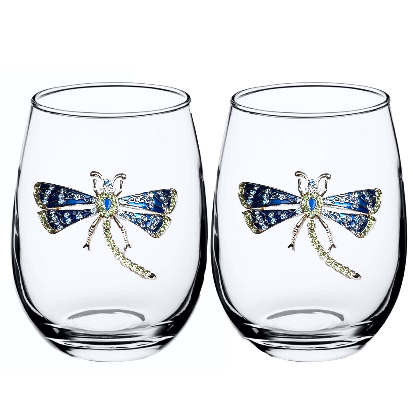 Two stemless wine glasses with crystal blue firefly