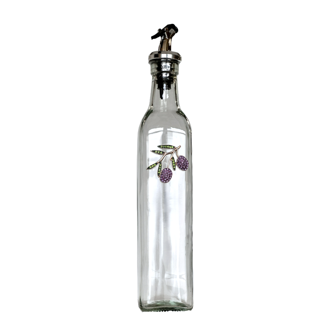 Olive Oil Vinegar Dispenser Glass Bottle w/Sparkling Crystal Purple Olives Vine