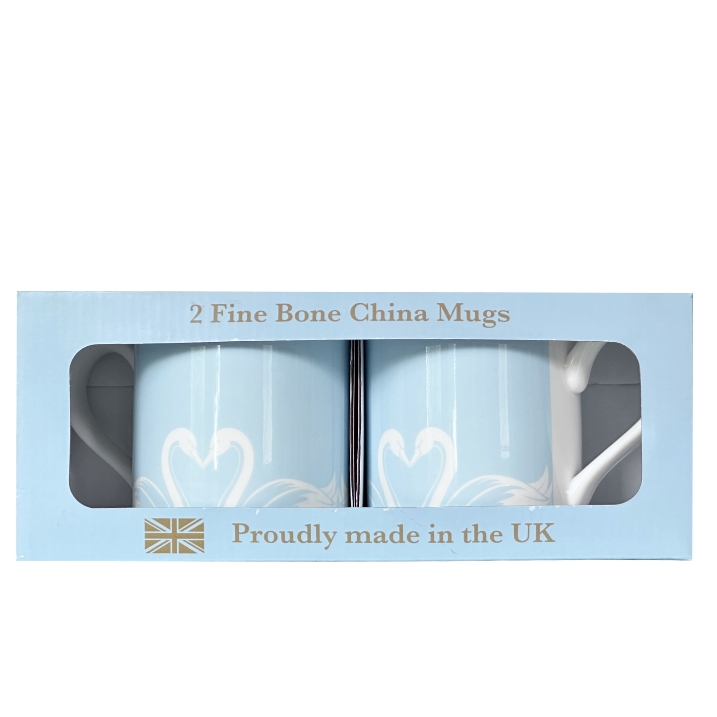 Two light blue mugs by Roy Kirkham with white swan designs on a white background