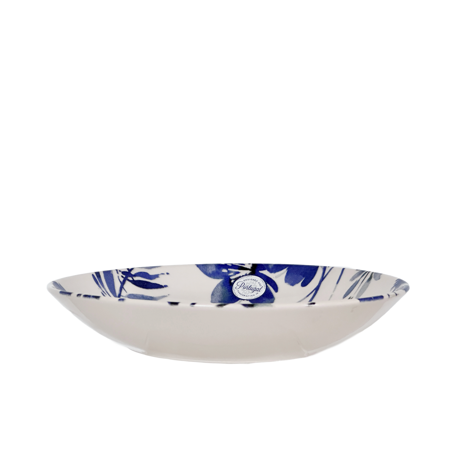 9.5" Pasta, Soup Bowl White Ceramic Royal Blue Flowers Made In Portugal Set of 2