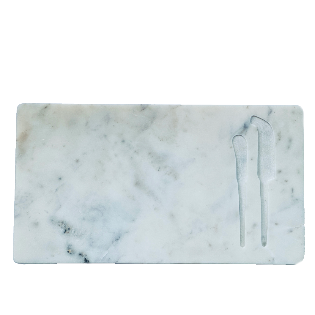 Charcuterie Cheese Board White Marble w/Cutout for Gold Cheese Knife & Spreader