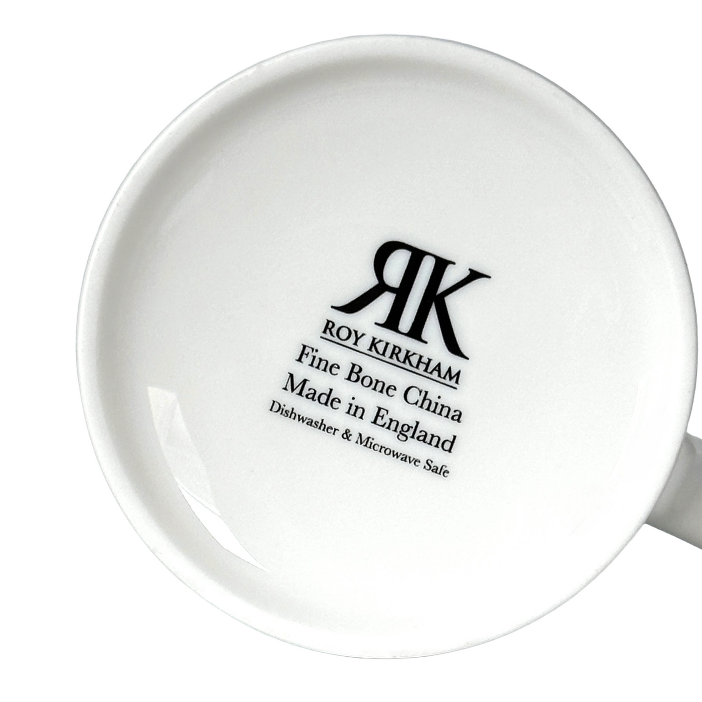 White Roy Kirkham fine bone china mug with branding on a white background