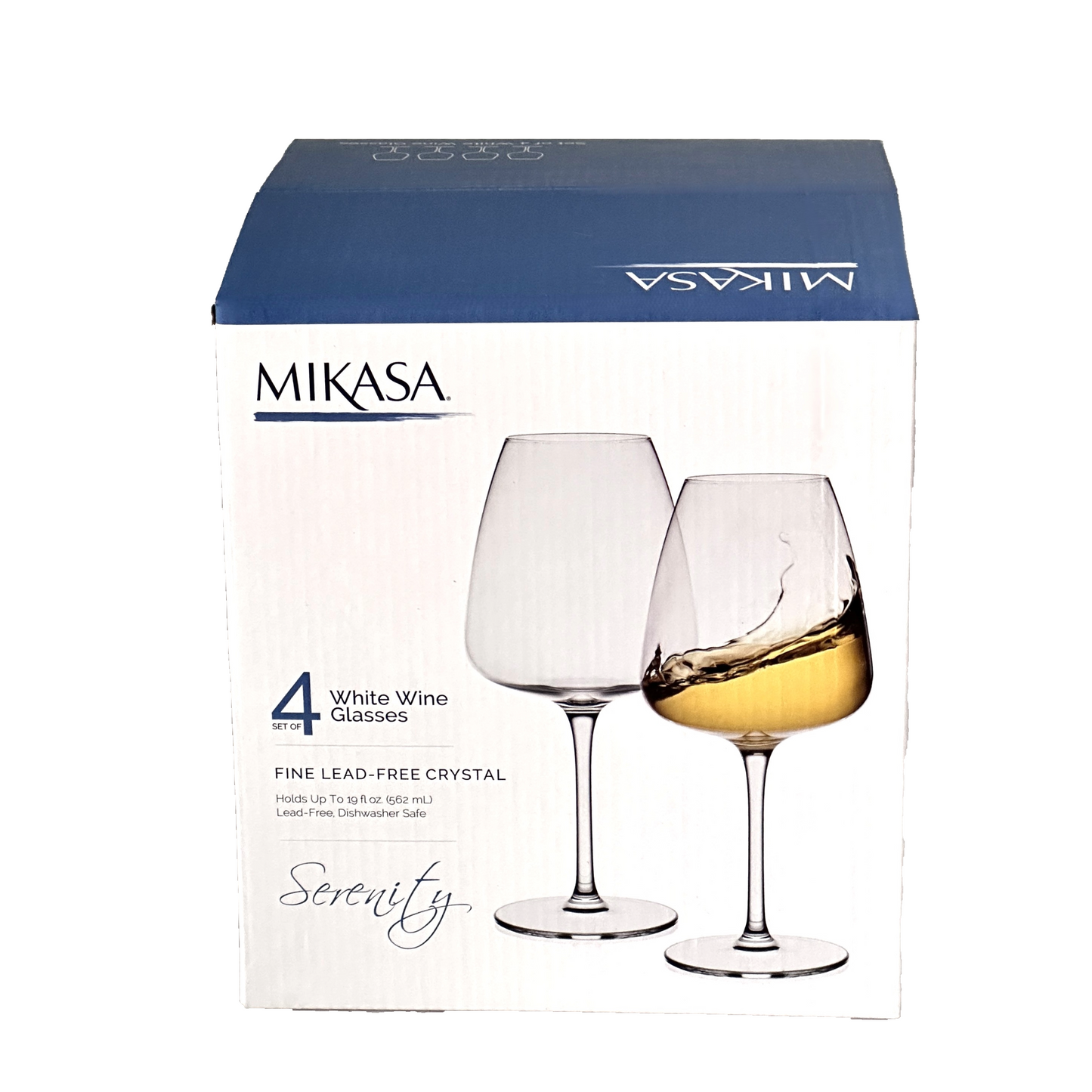 Mikasa Serenity white wine glasses in packaging on a white background