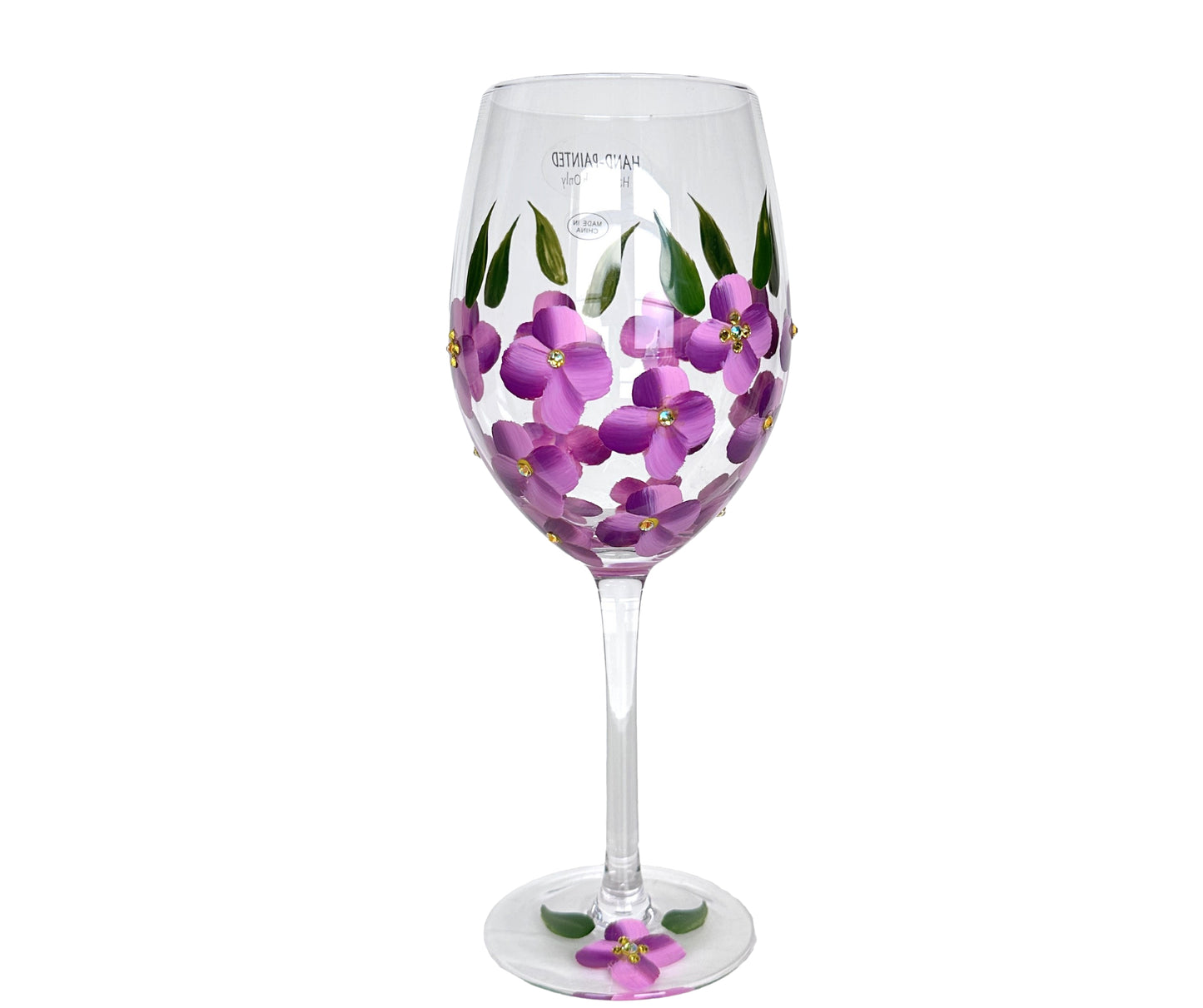 Wine Glass Hand Painted Purple Pansies Yellow Crystal Center Decorative Glass x2