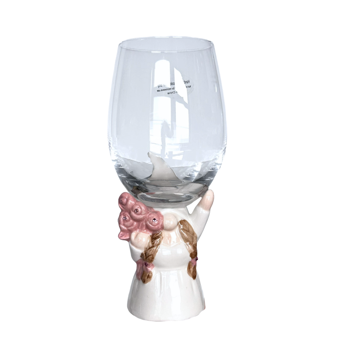 Bridal Wedding Wine Glass, Gnome Bride w/Crystal Flowers, Groom Crystal Bow Tie