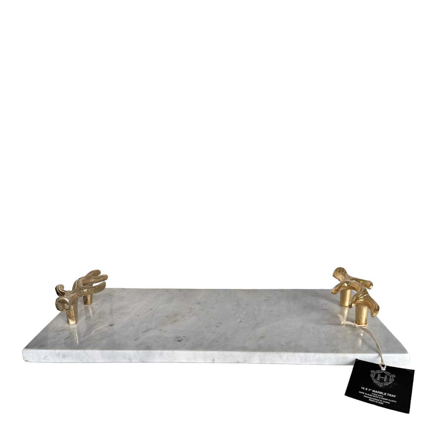 White Marble Charcuterie Cheese Board, Rectangle with Gold Vine Handles