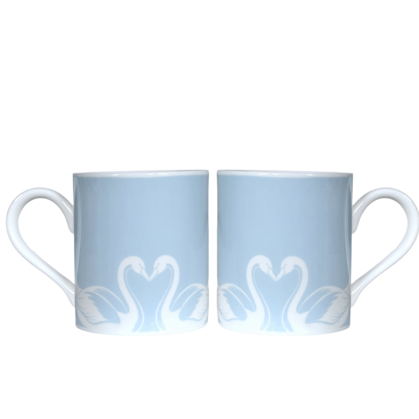Two light blue mugs by Roy Kirkham with white swan designs on a white background
