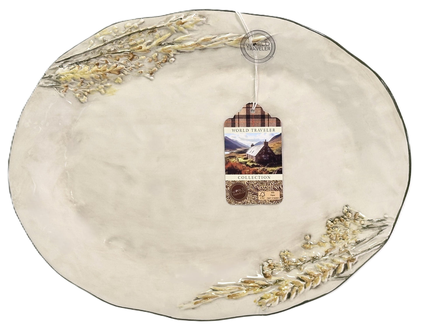 Serving Platter Hand Painted Ceramic Raised Wheat Stalk & Wavy Olive Green Rim