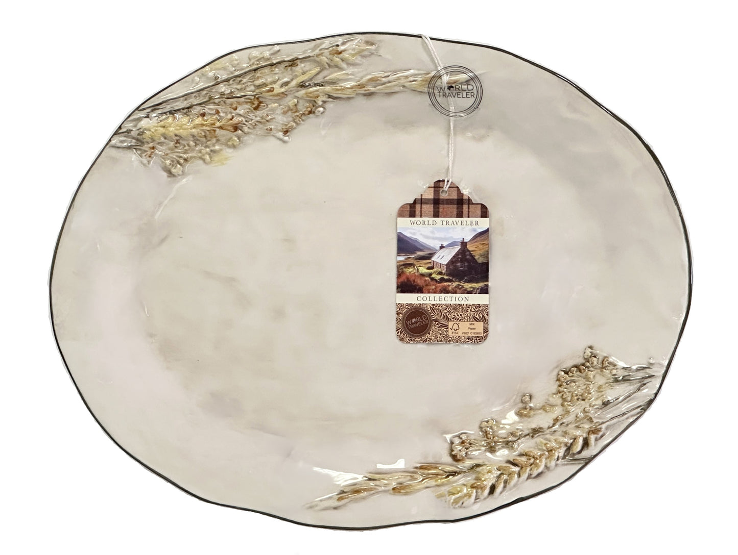 Serving Platter Hand Painted Ceramic Raised Wheat Stalk & Wavy Olive Green Rim