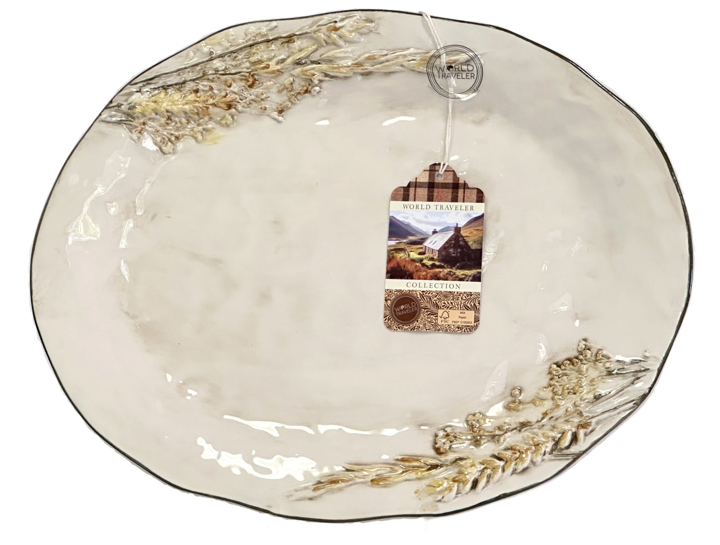 Serving Platter Hand Painted Ceramic Raised Wheat Stalk & Wavy Olive Green Rim
