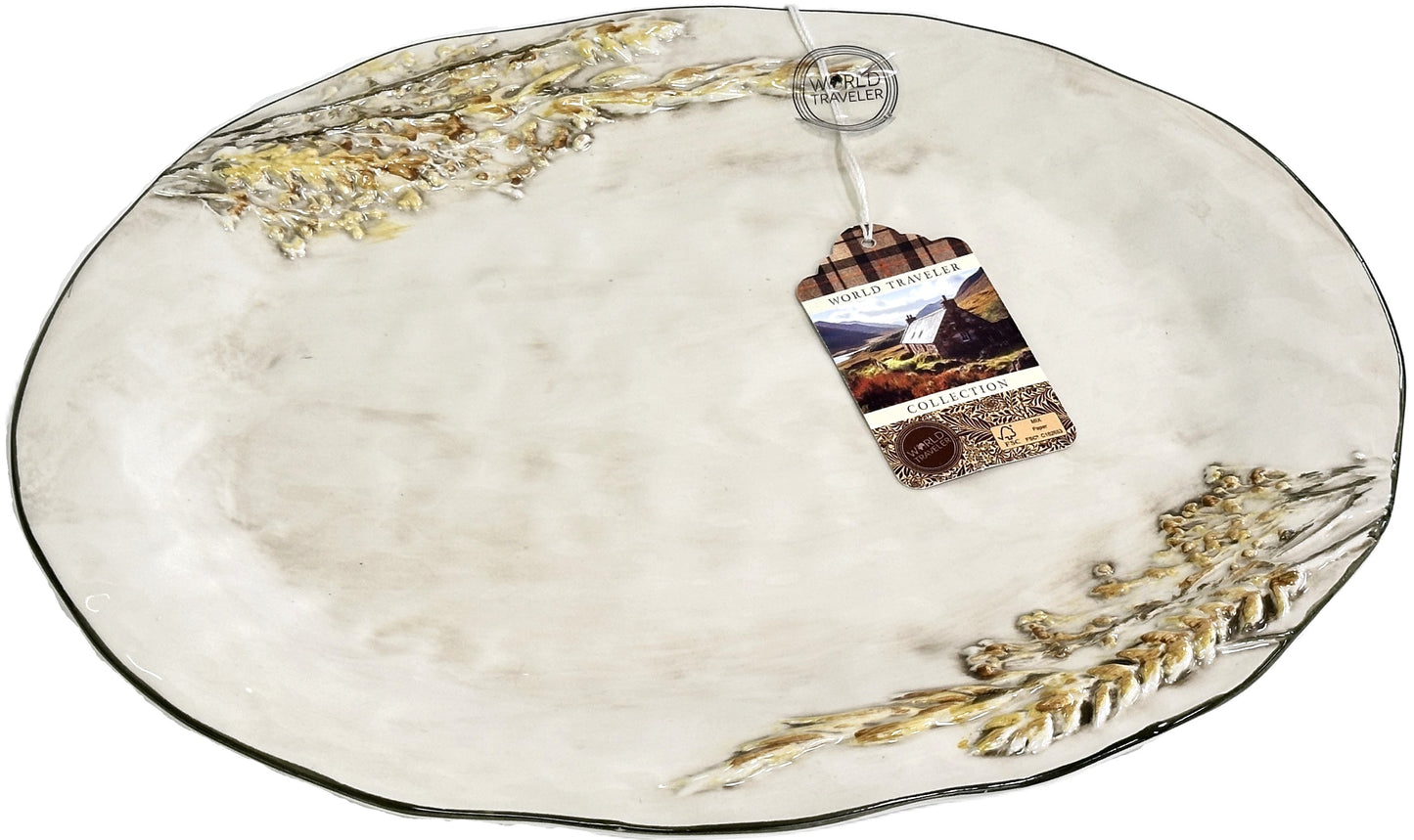 Serving Platter Hand Painted Ceramic Raised Wheat Stalk & Wavy Olive Green Rim