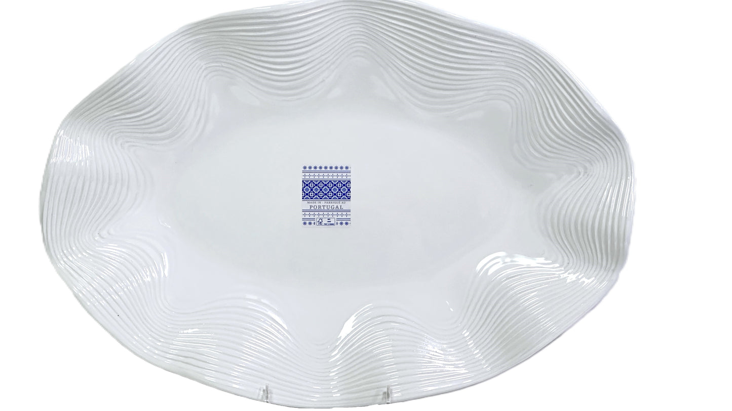 Large Oval Porcelain Serving Platter White Ribbed Wavy Pattern w/Scalloped Rim