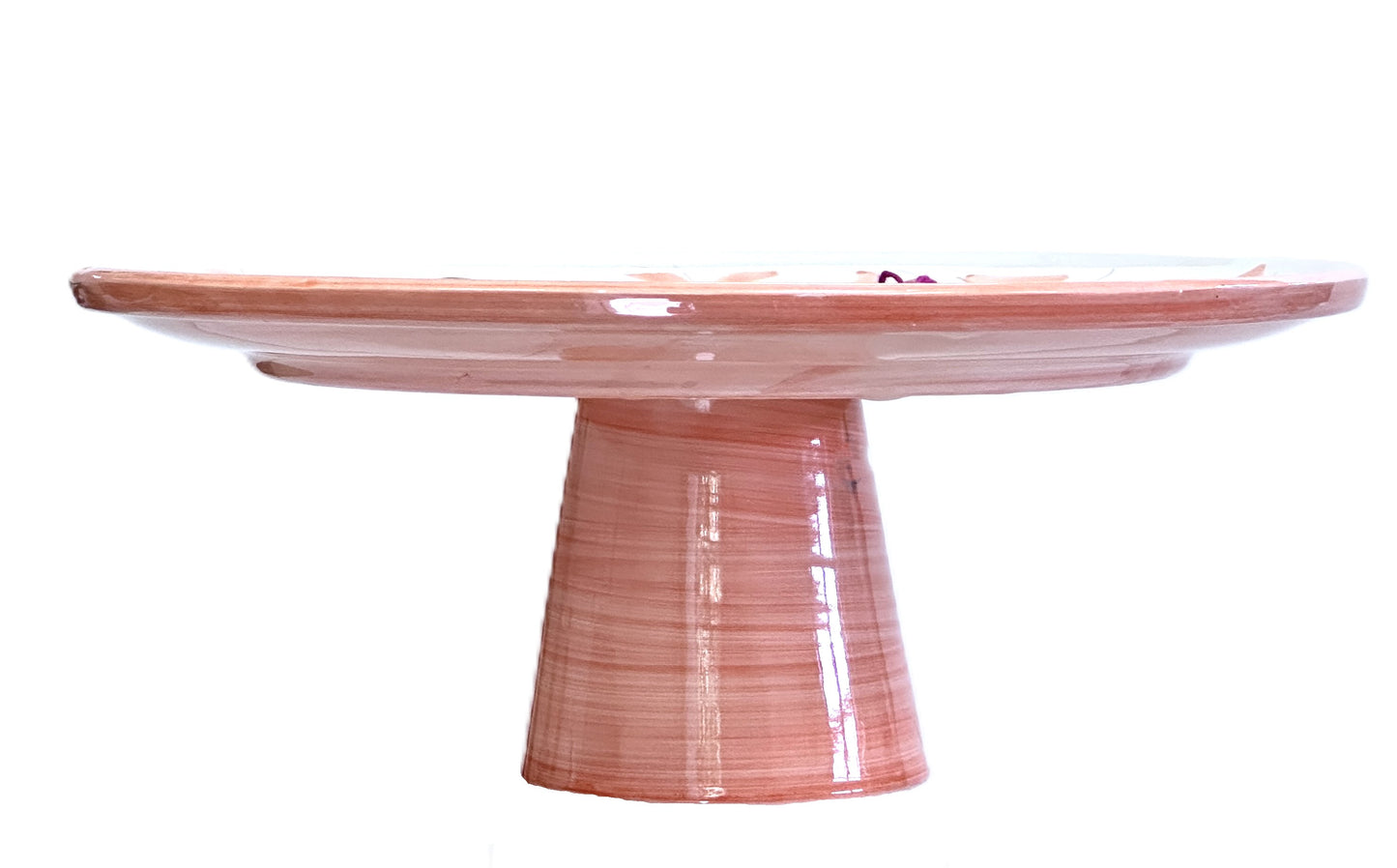 Cake Stand Coral Peach Colored Leaves Blue Flowers Puffy Yellow Seeds w/Pedestal