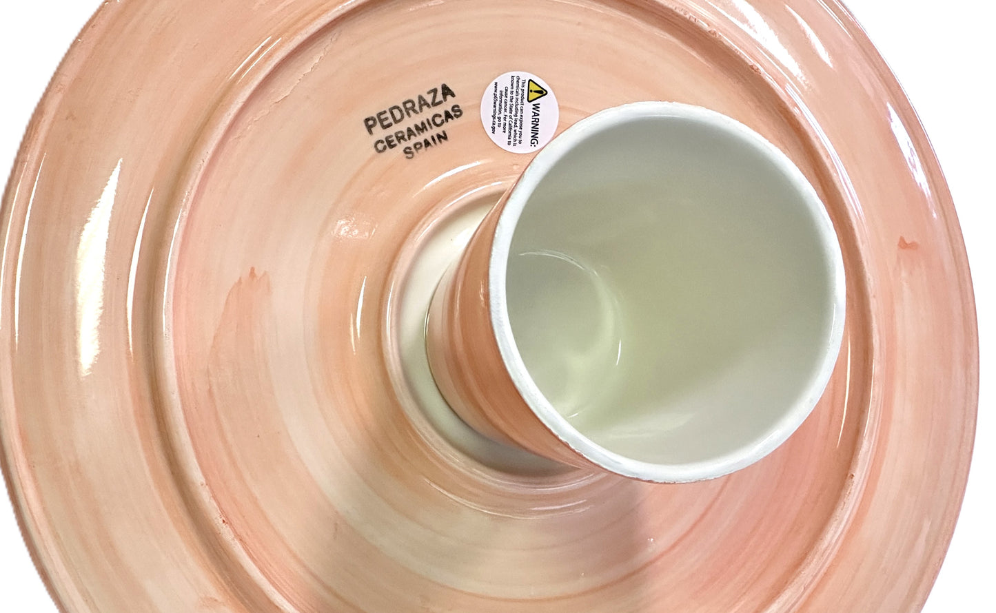 Ceramic cakestand peach, blue, & yellow, branded 'Pedraza Ceramica Spain'.