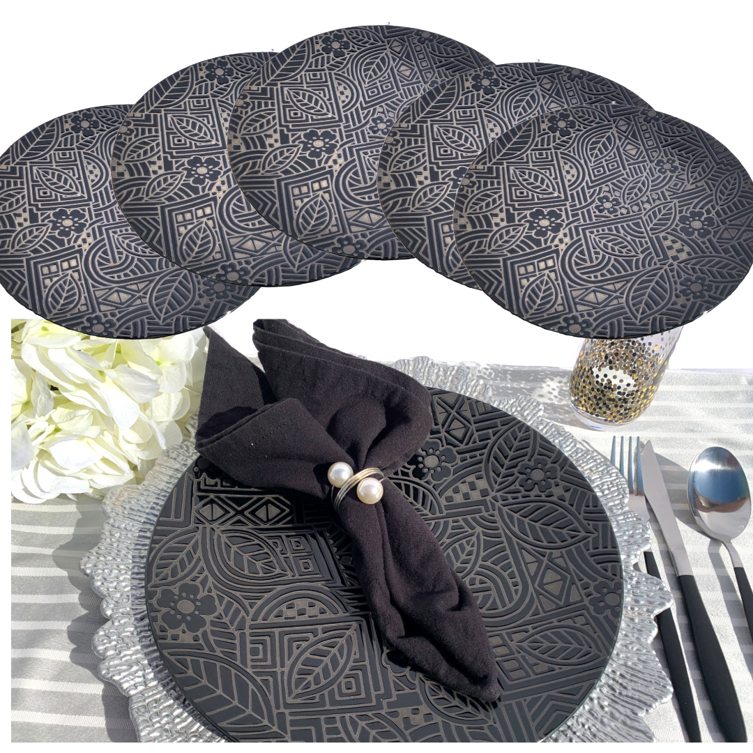 Black Dinner Plate w/Raised Abstract Flowers & Leaves 11" by HSI Appetite Set of 6