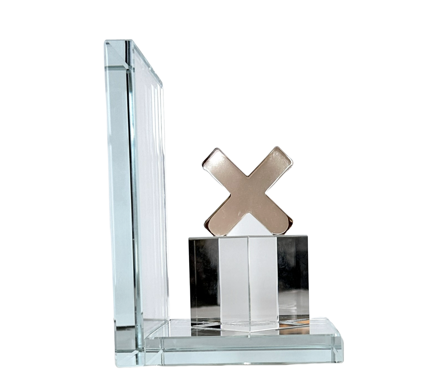 Bookend, Crystal Glass "X" Shaped Amber Bookend on Thick Crystal-Glass Pedestal