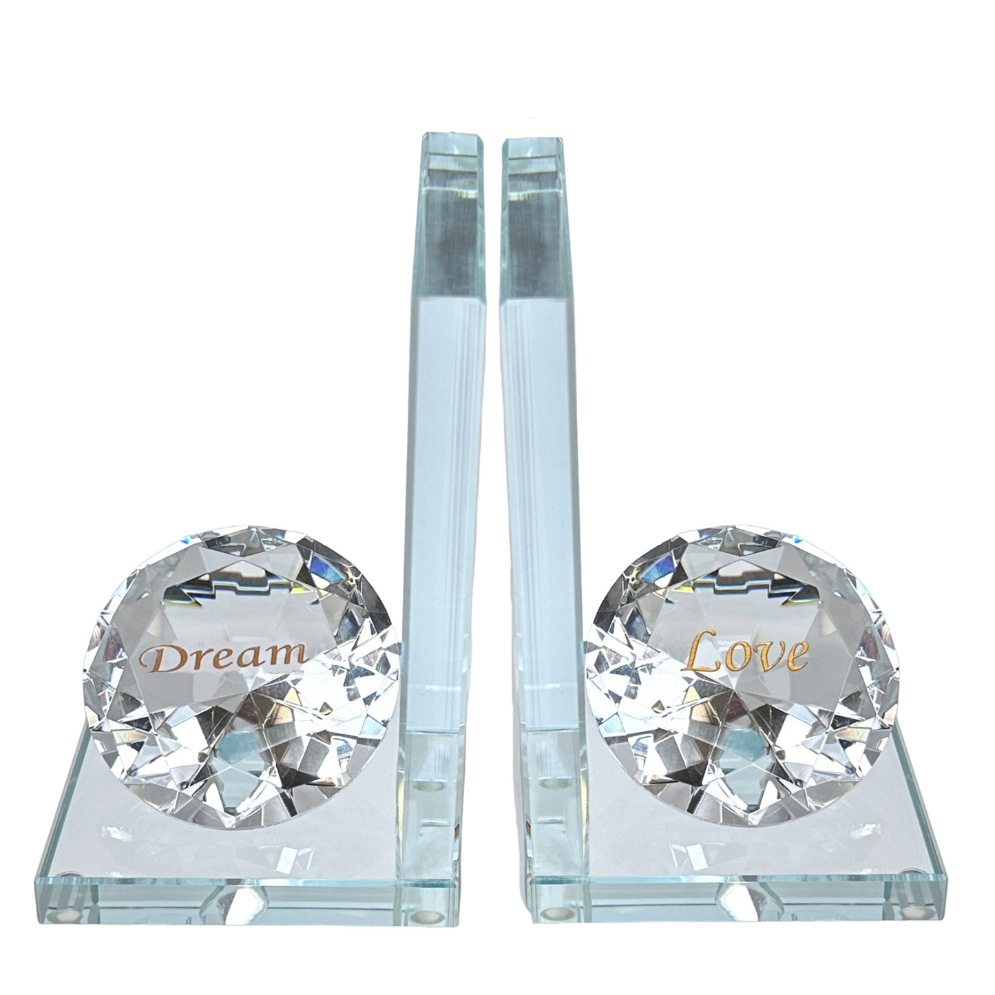 Crystal-Glass Bookends Large Diamond "Dream" & "Love" in Gold on Thick Glass