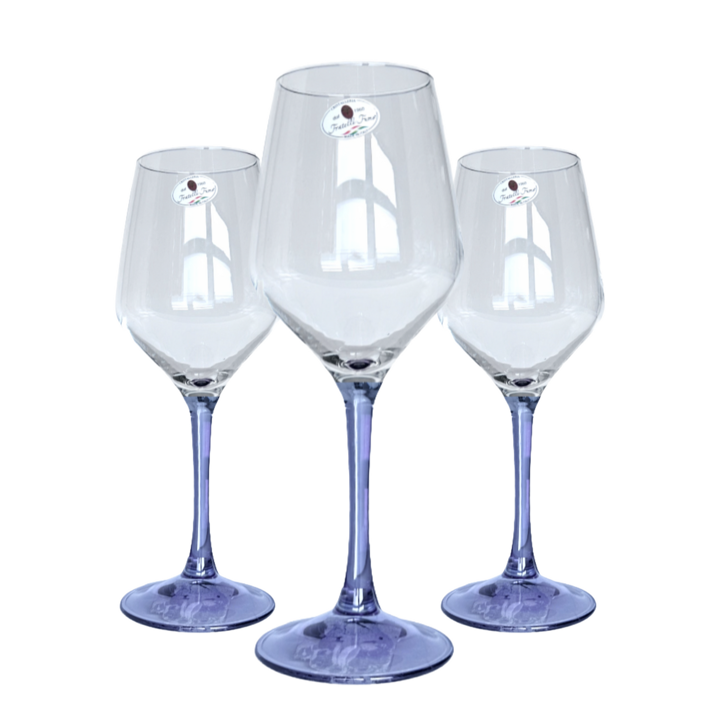 Wine Glass Transparent Purple Stem Handblown in Italy by Cristalleria Fumo Set of 3