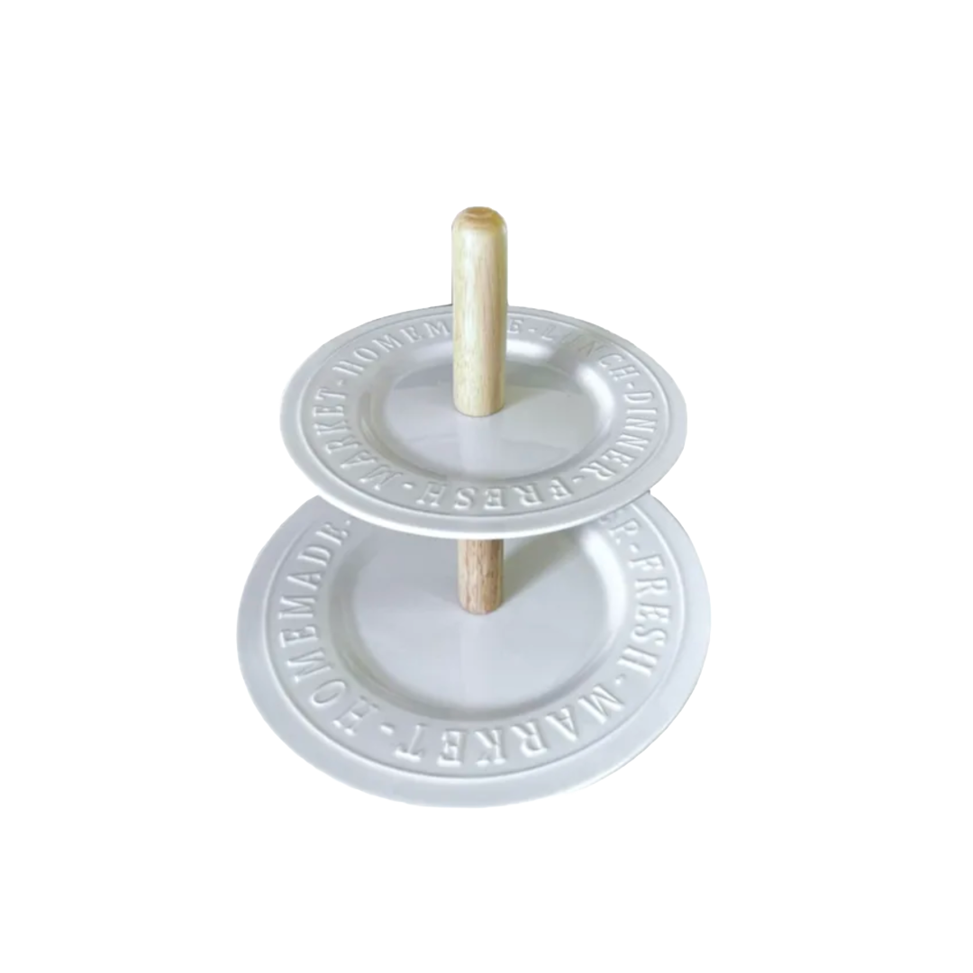 Two-Tiered Dessert Stand or Cheese Server, White Ceramic Tray w/Embossed Lettering