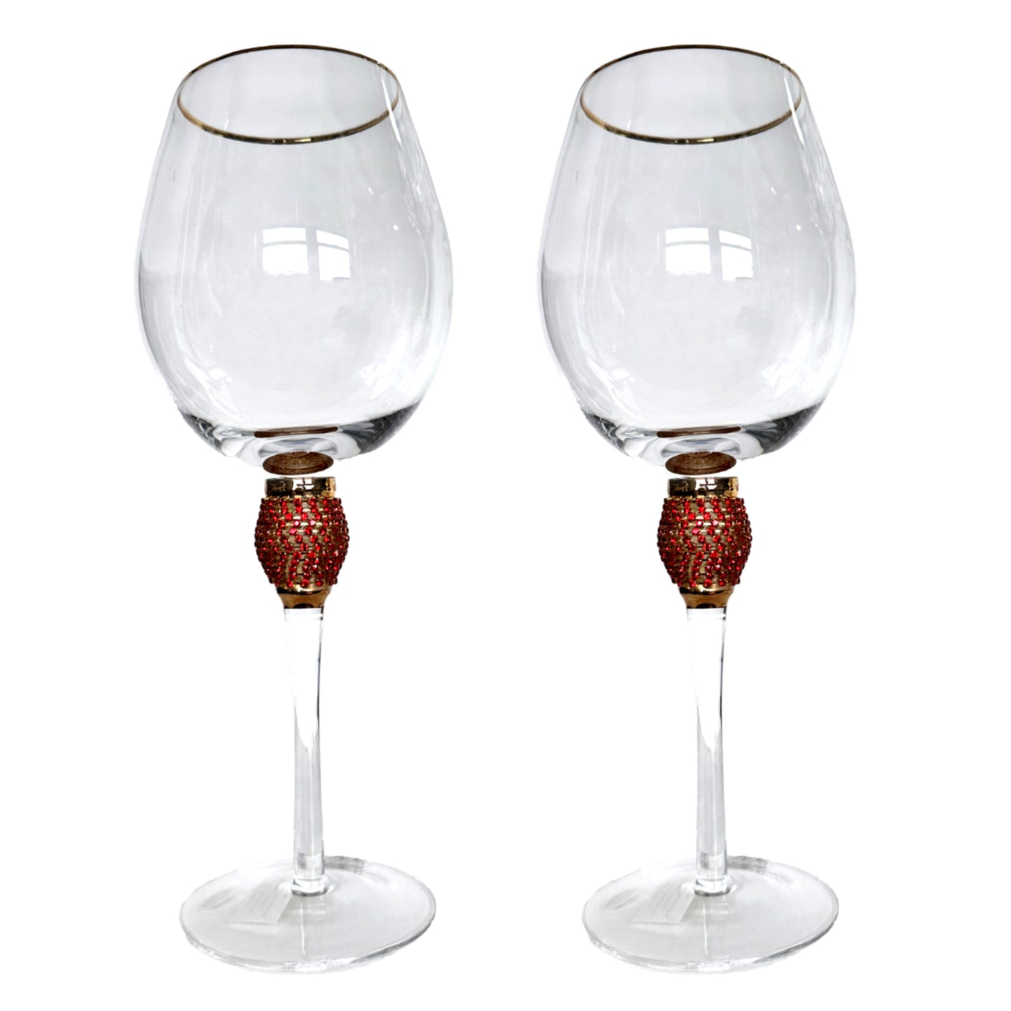 Two wine glasses with decorative stems on a white background