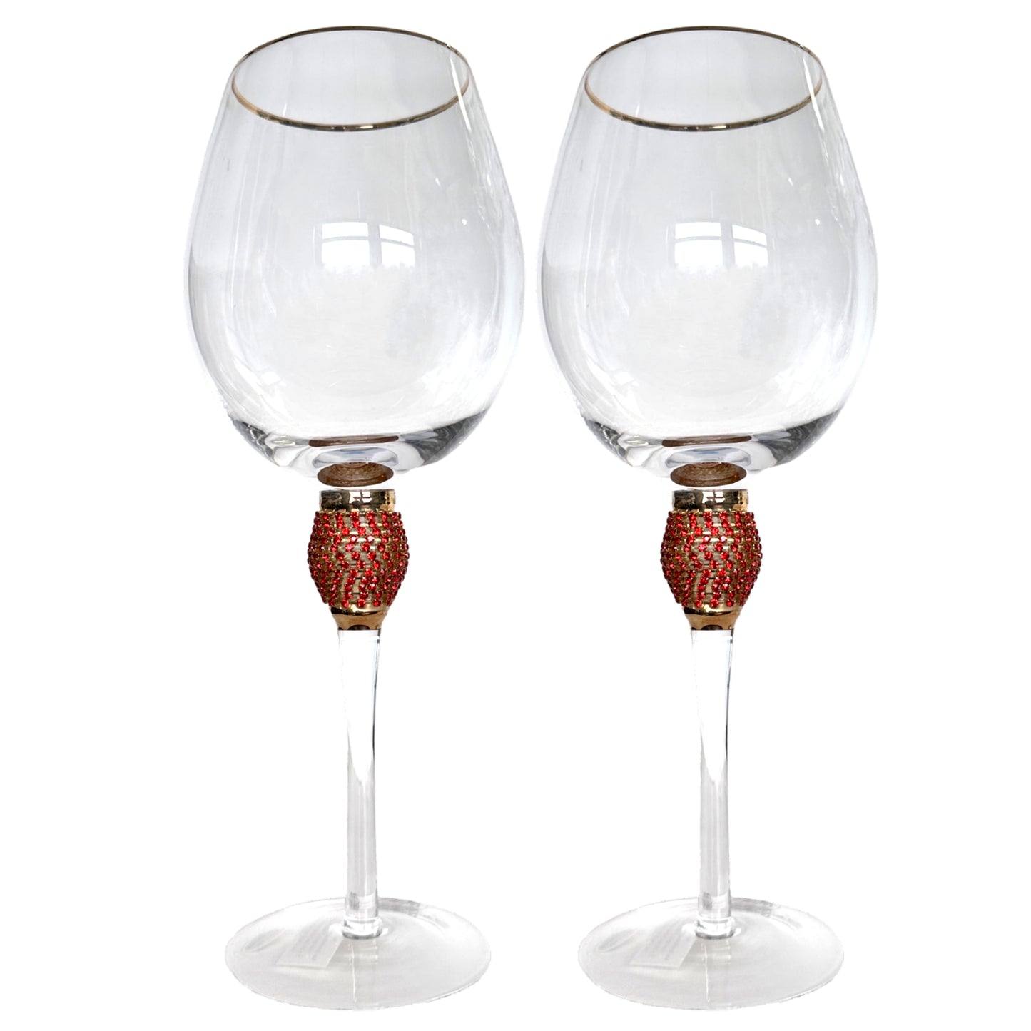 Two wine glasses with decorative red and gold bases on a white background