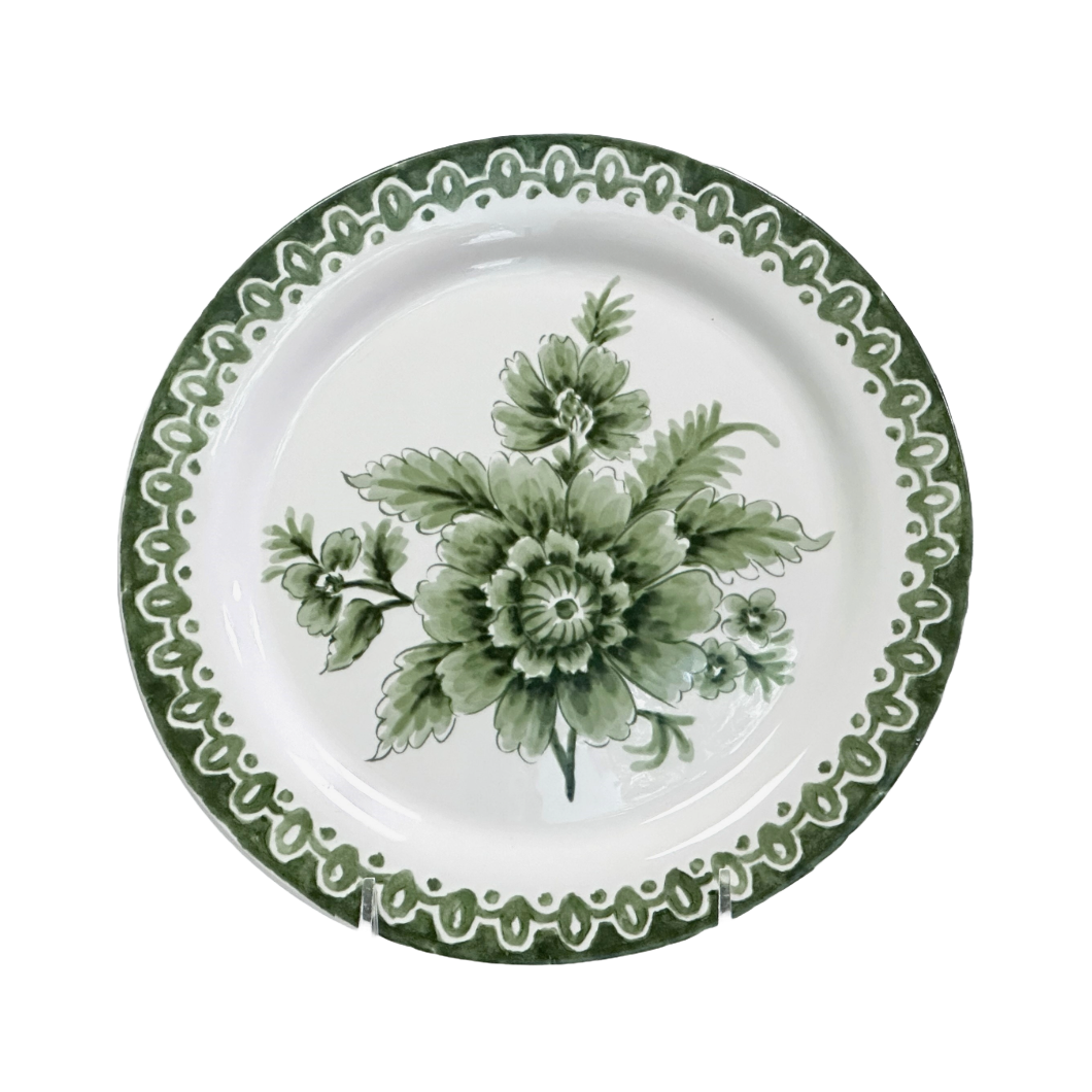 Salad Plate Hand Painted Green Flowers & Green Rim 9" Set of 4
