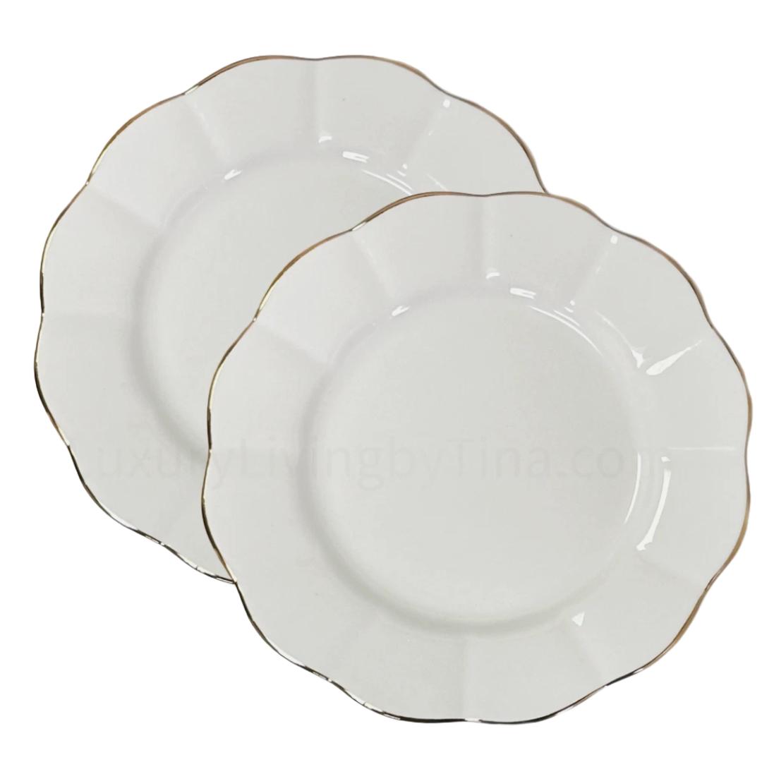 Two white ceramic plates with gold trim on a white background