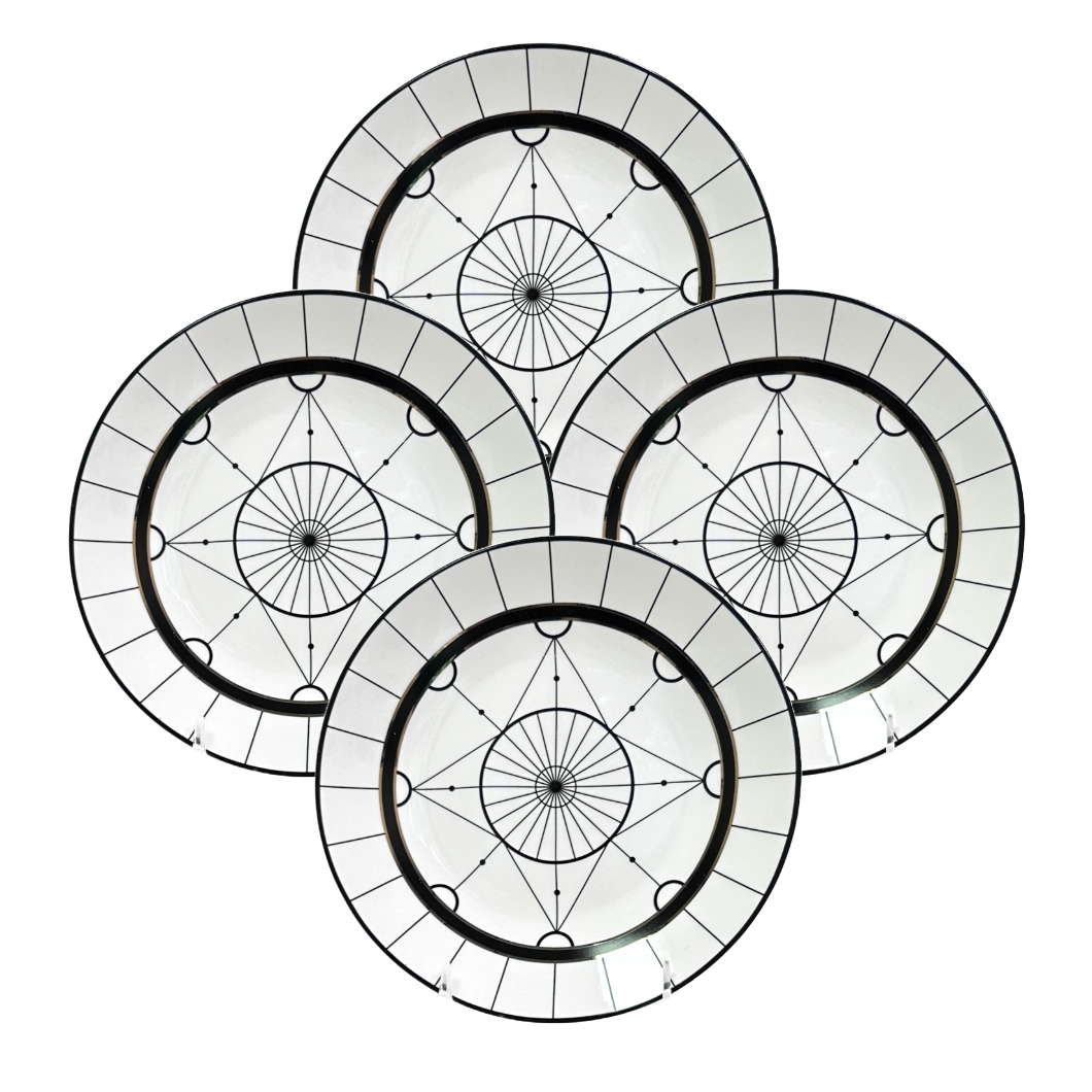 Elle Decor Compass Porcelain Salad Plate Black & Gold Curved Edges Black Rim x4