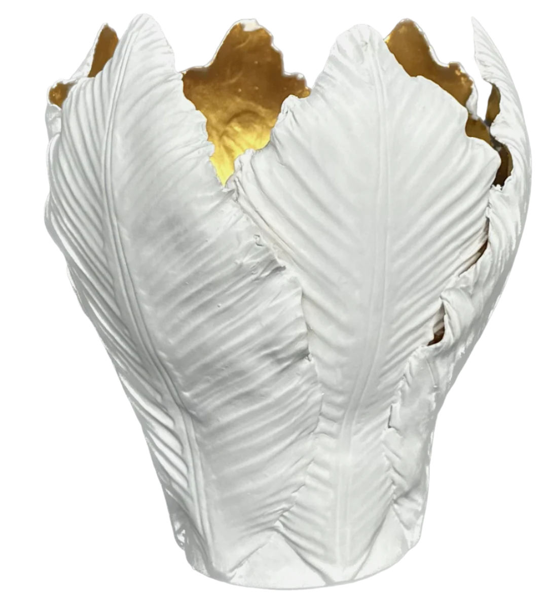 Decorative vase with white textured design and gold accents on a white background