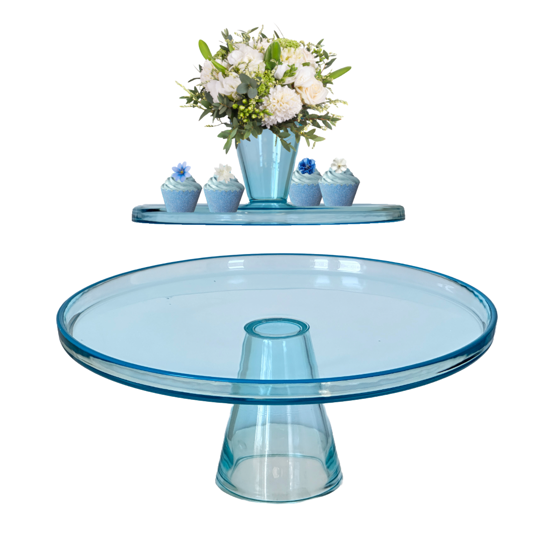 Cake Stand Clear Glass Seawater Blue w/Cone Pedestal Doubles as Serving Tray