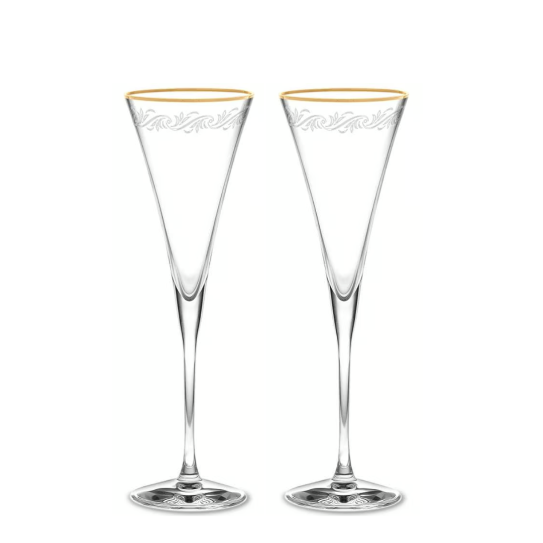 Noritake, Champagne Glass, Crestwood Gold Etched Crystal, with Gold Rim Set of 2