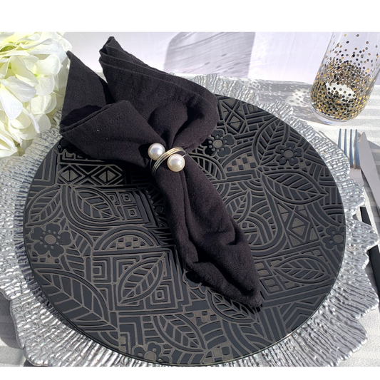 Black Dinner Plate w/Raised Abstract Flowers & Leaves 11" by HSI Appetite Set of 6