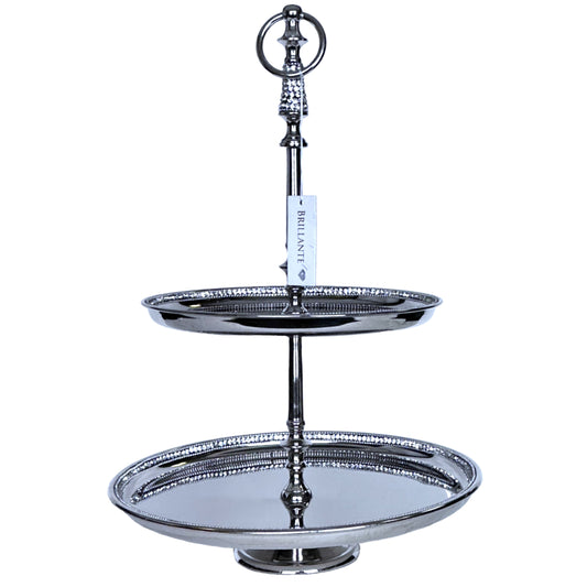 Two-Tiered Stand Cupcakes, Dessert Serving Tray, Silver with Crystal Handle & Trim
