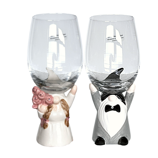 Bridal Wedding Wine Glass, Gnome Bride w/Crystal Flowers, Groom Crystal Bow Tie
