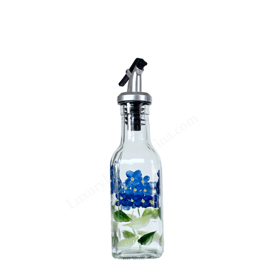 Hand-Painted Blue Hydrangea Olive Oil Vinegar Dispenser Glass Cruet Mini Bottle w/Top