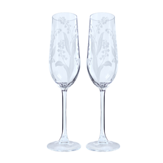 Lily of the Valley Champagne Glass Etched White Lilies Elongated Stem Set/2