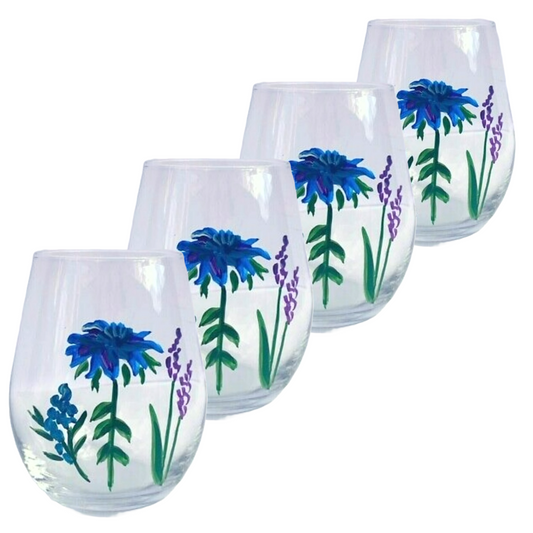 Stemless Wineglass, Hand Painted Blue & Purple Wildflowers, Spring/Summer Set of 4