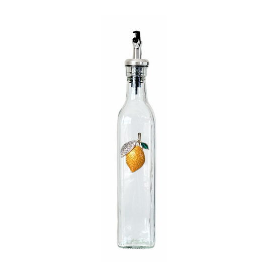Olive Oil Vinegar Dispenser Glass Bottle w/Yellow Lemon & Sparkling Crystal Leaf