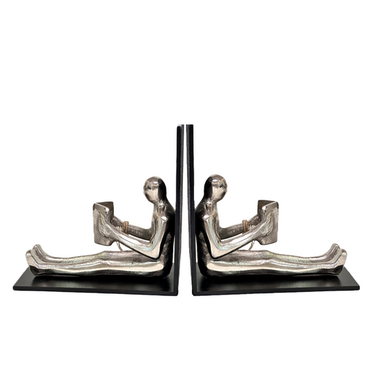 Bookend Silver & Black Metal Man Reading Book w/Felted Bottom & Black Base Set/2