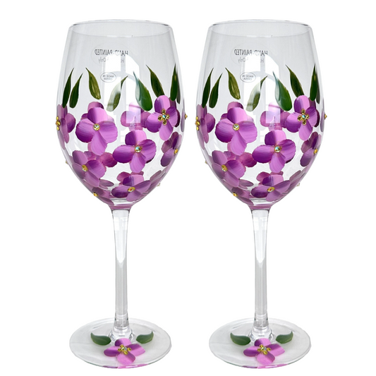 Wine Glass Hand Painted Purple Pansies Yellow Crystal Center Decorative Glass x2