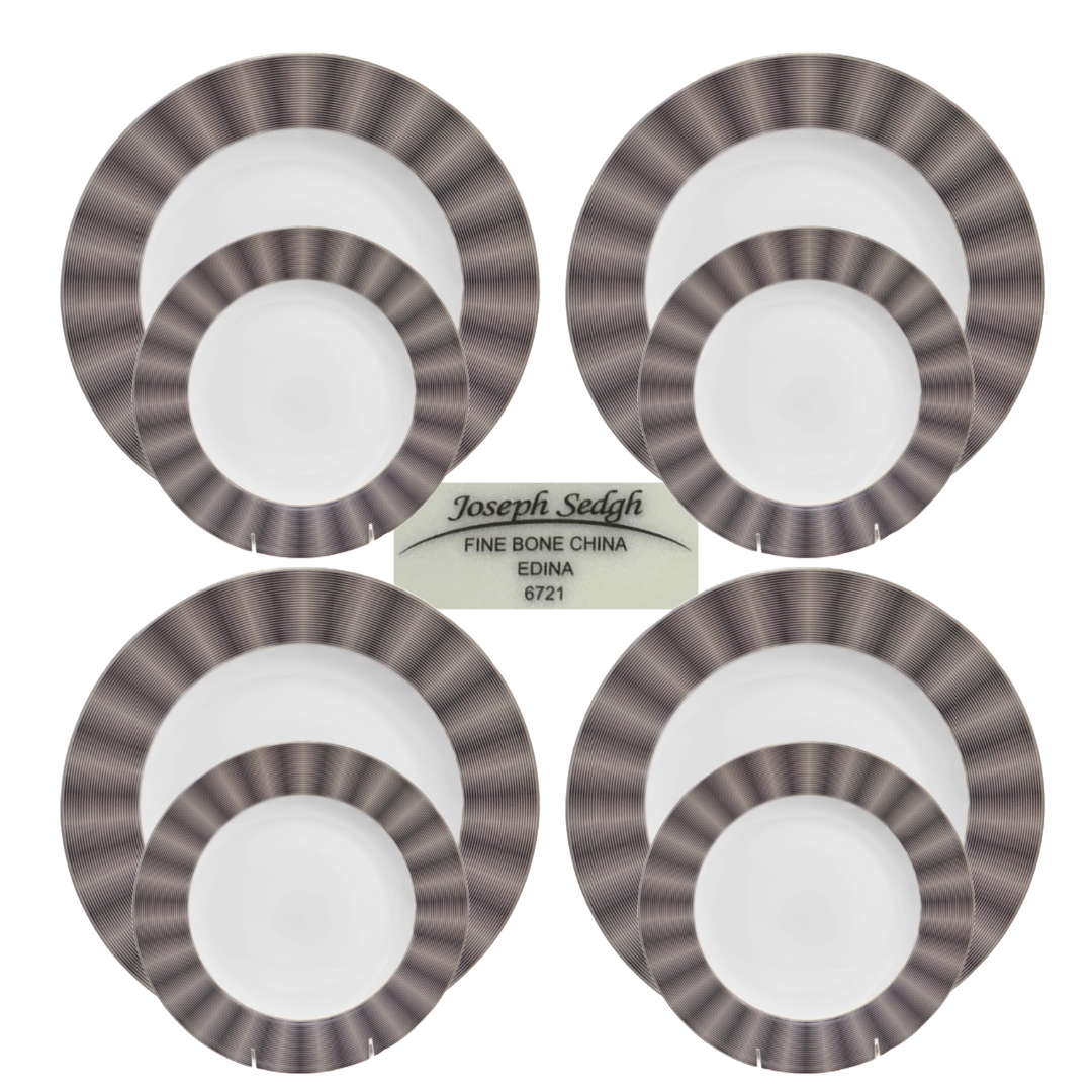Joseph Sedgh EDINA Fine Bone China, Black & Gray 4 Dinner Plate & 4 Salad Plate